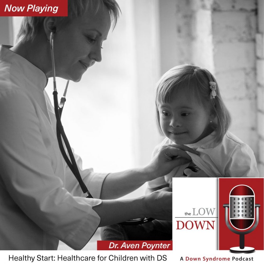Girl with Down syndrome being examined by doctor with stethescope