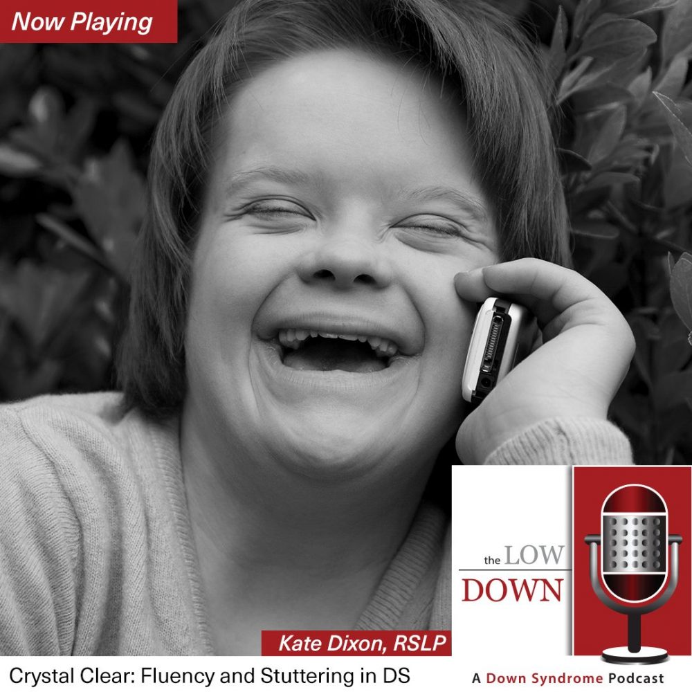 Girl with Down syndrome laughs while talking on phone