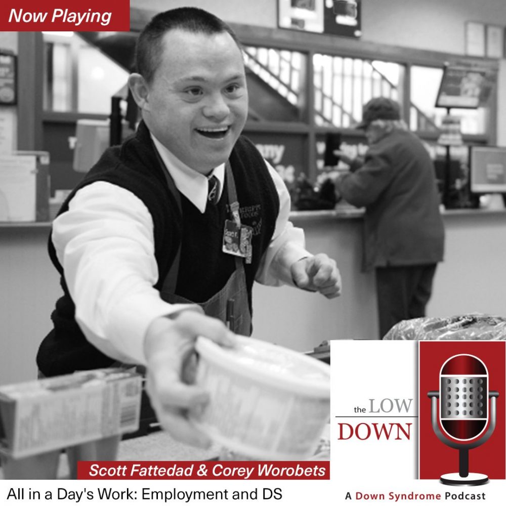 Man with Down syndrome packs groceries for customer