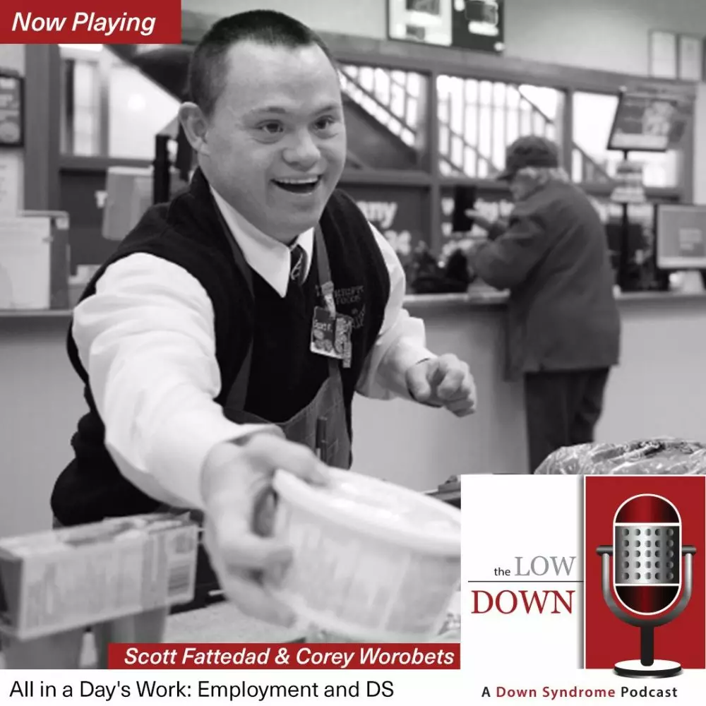 Man with Down syndrome packs groceries for customer