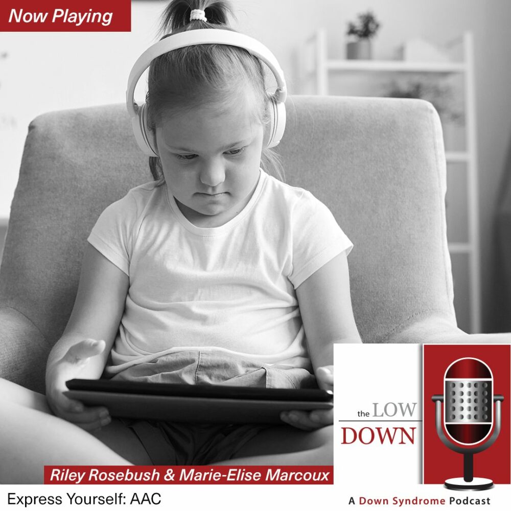 Girl with Down syndrome wearing headphones, looking at tablet on chair