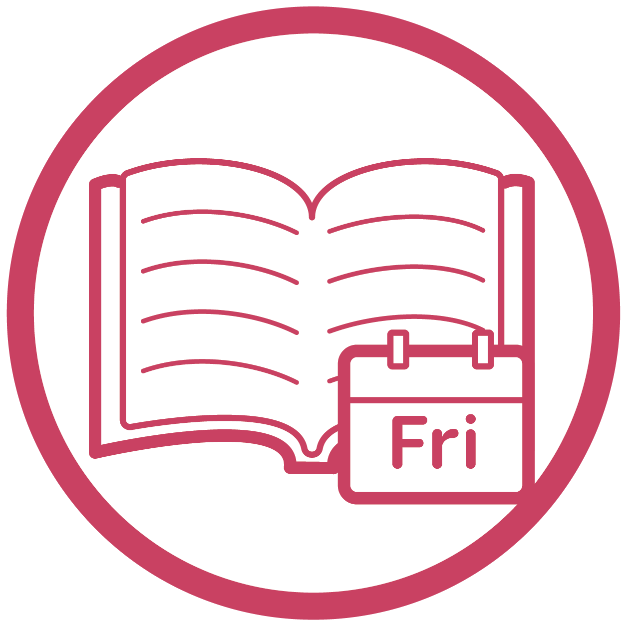 magenta symbol of a book with a note that says Fri, inside a circle
