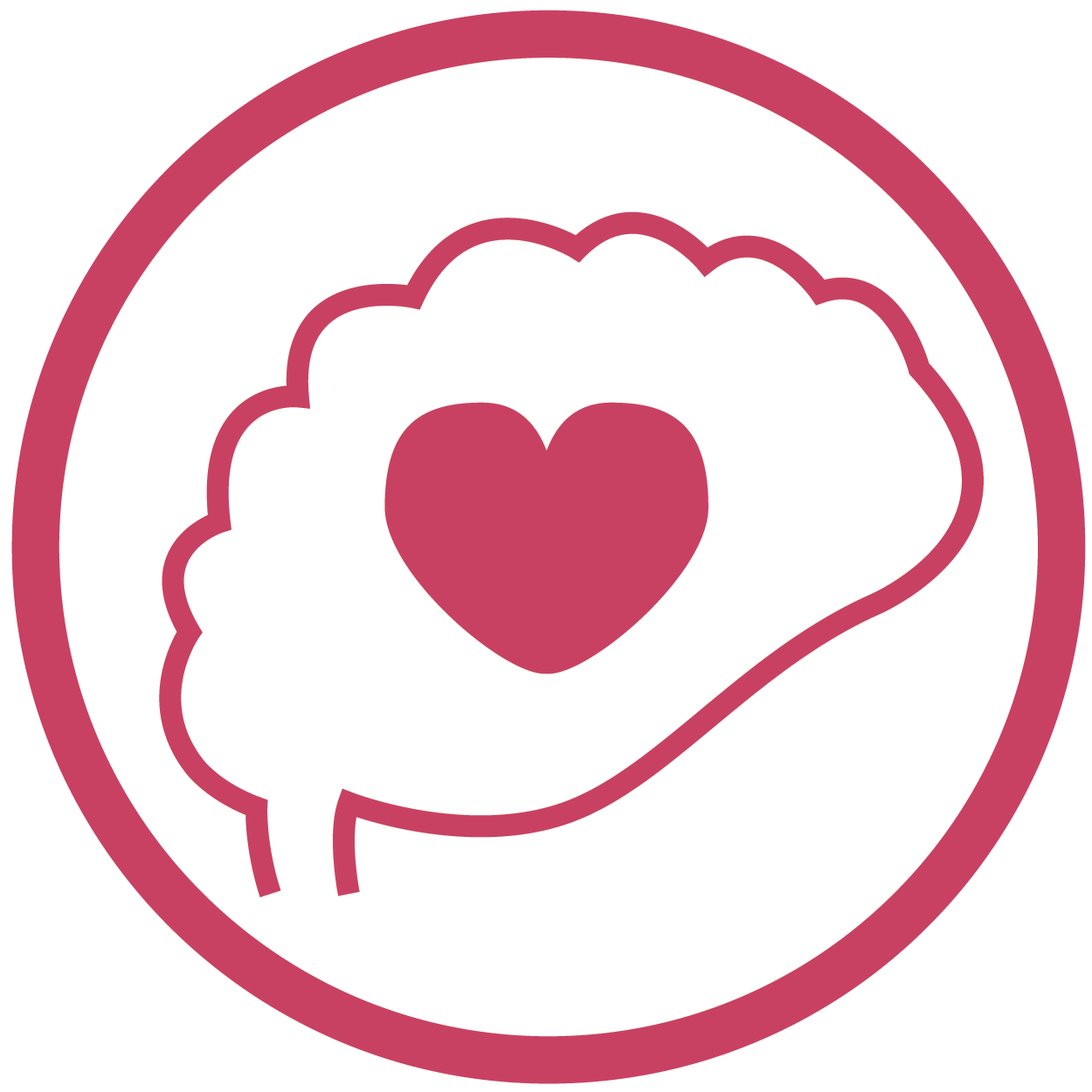 magenta symbol of a brain with a heart inside it, inside a circle