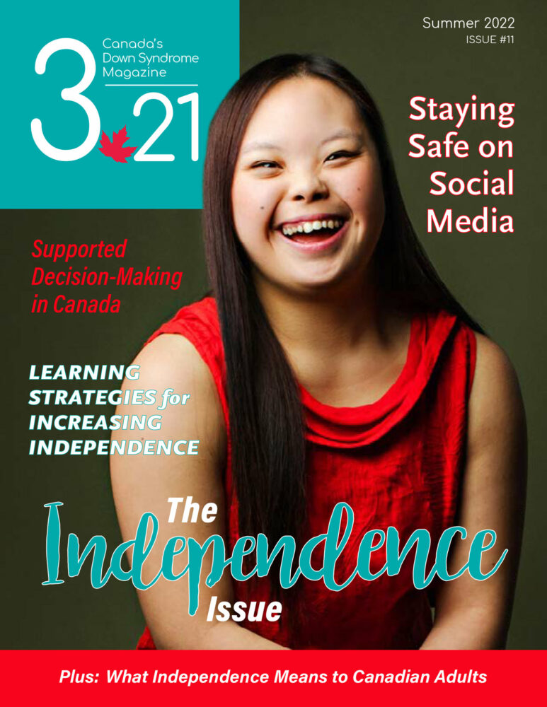 Asian woman with Down syndrome wearing red dress on the cover of 3.21: Canada's Down Syndrome Magazine