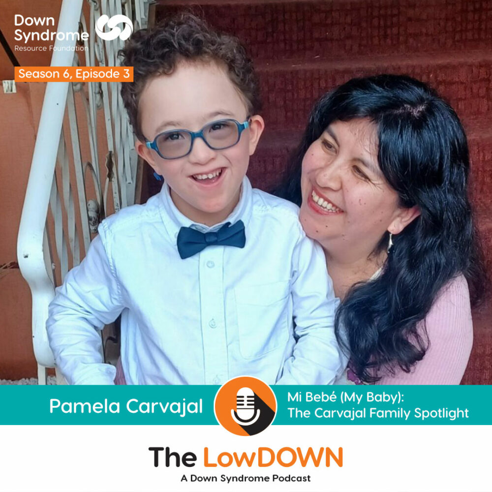 Hispanic mom with her son with Down syndrome, sitting on stairs