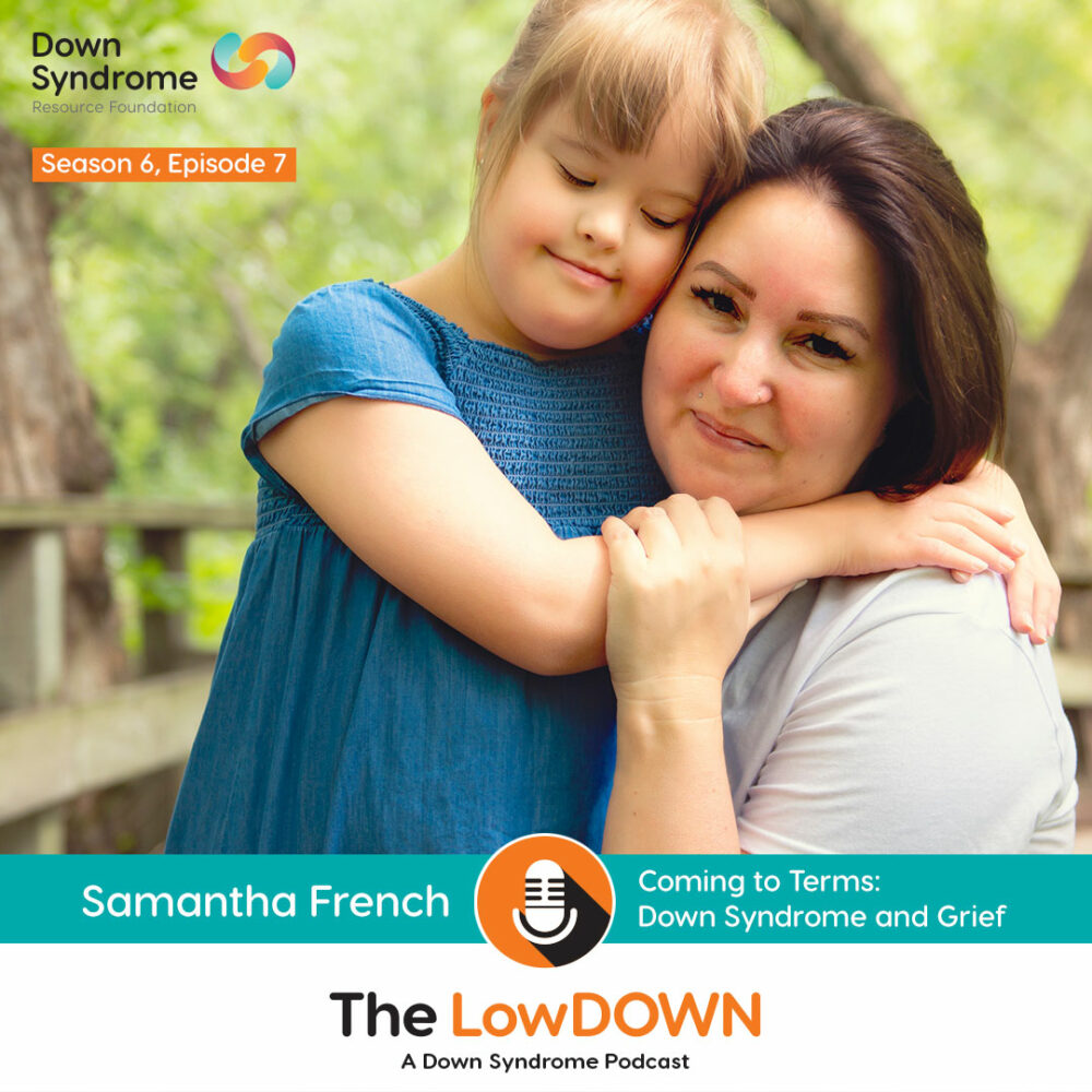 white girl with Down syndrome hugs mom on a forest bridge