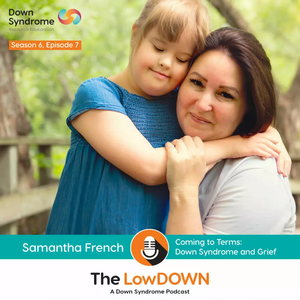 white girl with Down syndrome hugs mom on a forest bridge