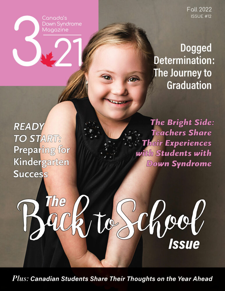 magazine cover with smiling blonde girl with Down syndrome wearing black dress