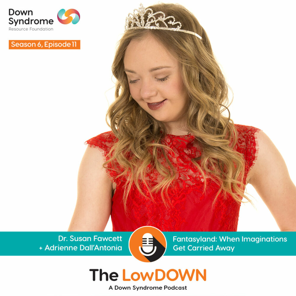 blonde teenaged female with Down syndrome wearing tiara and red dress