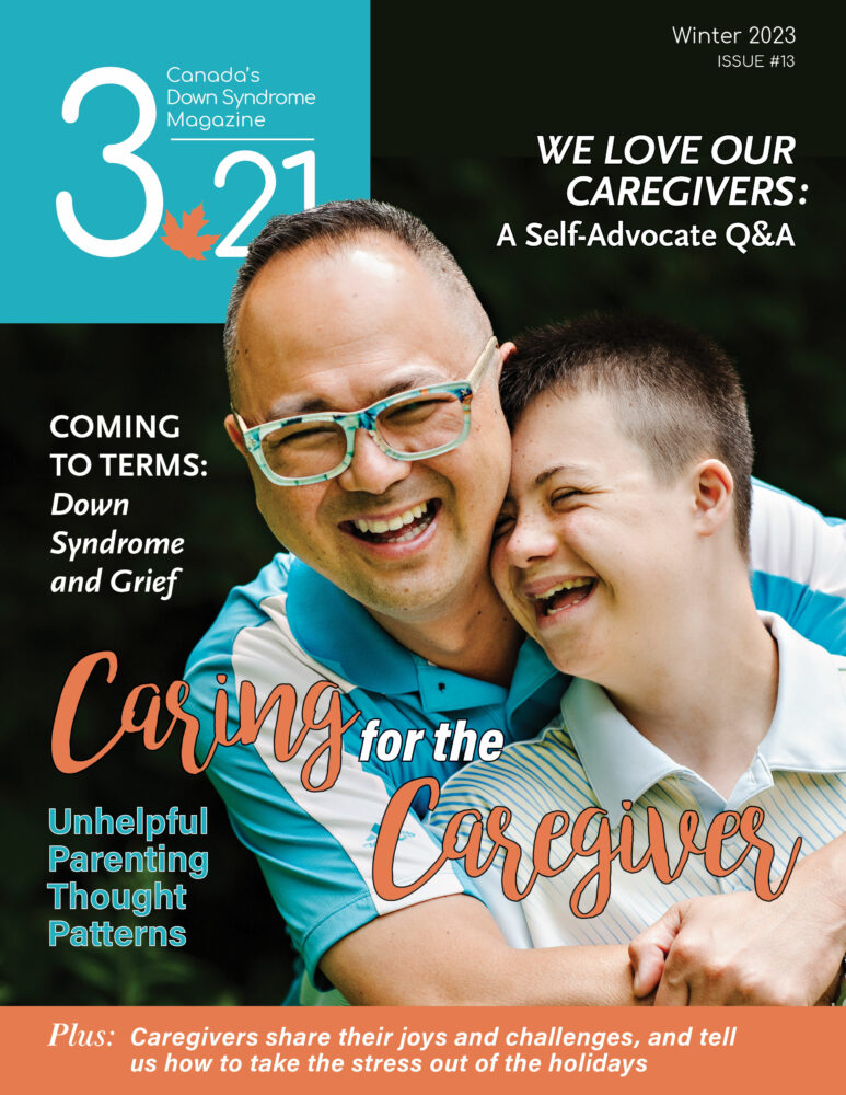 teenage, brown haired boy with Down syndrome is embraced from behind by his father on the cover of 3.21: Canada's Down Syndrome Magazine