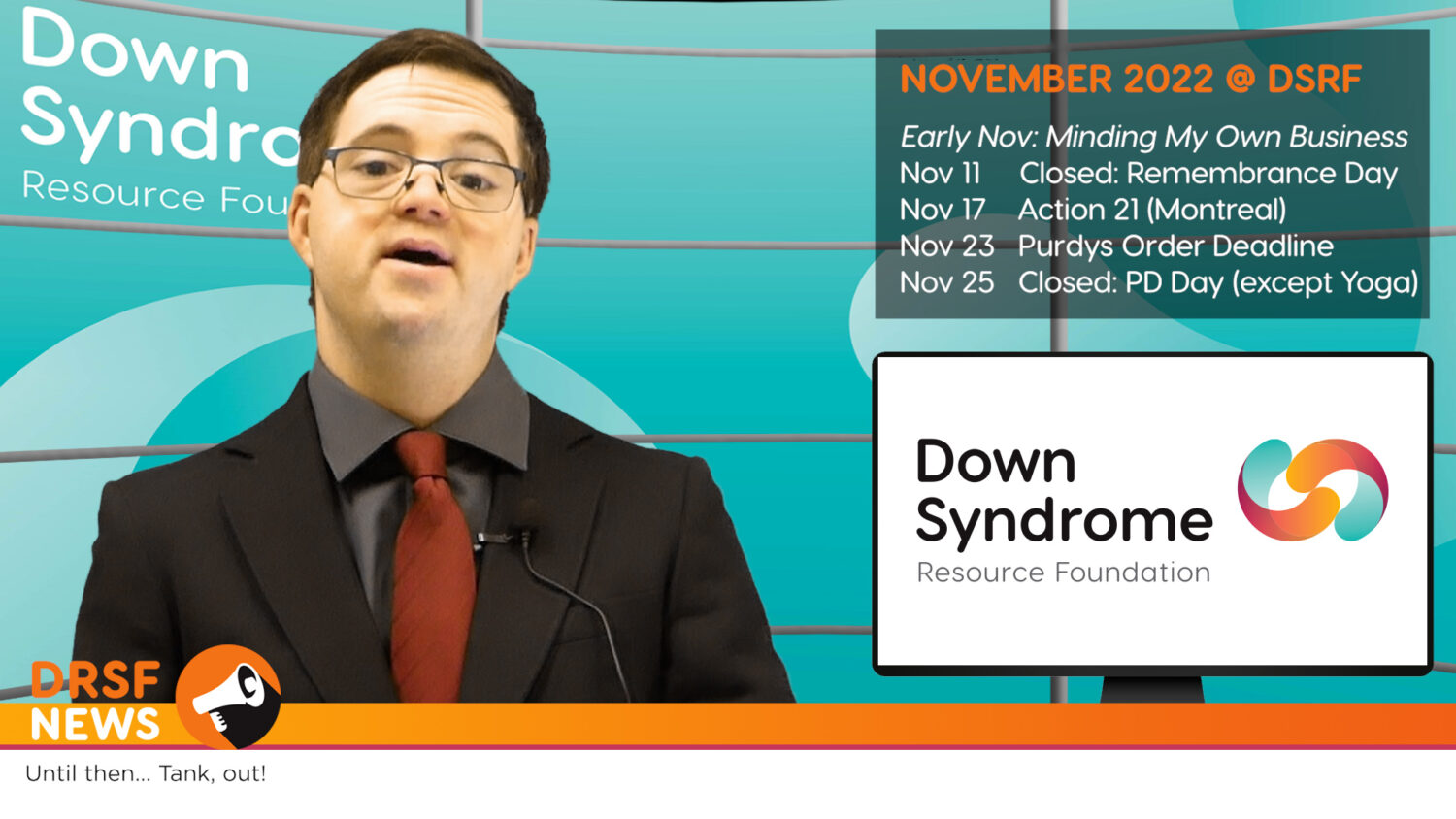 caucasion brown haired man with Down syndrome delivers news cast from a virtual news studio