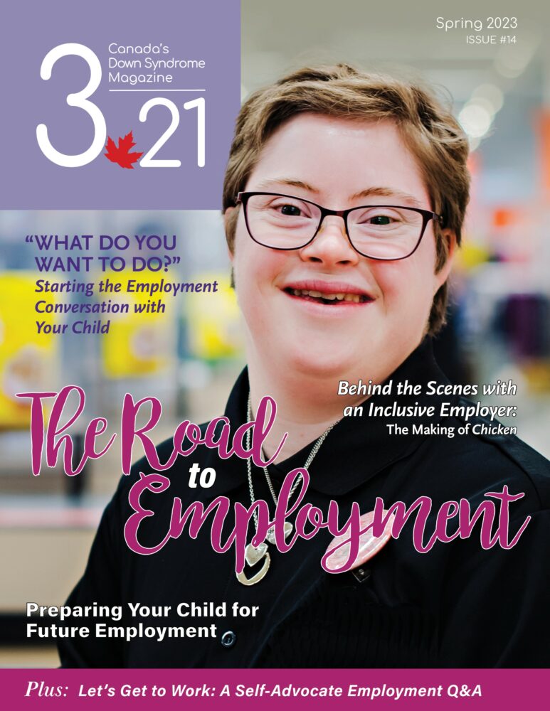woman with Down syndrome with short dirty blonde hair, glasses, and black shirt, smiles on duty at her job at a grocery store