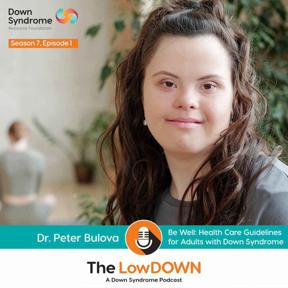 woman with Down syndrome and long brown hair smiles with someone in a yoga pose behind her