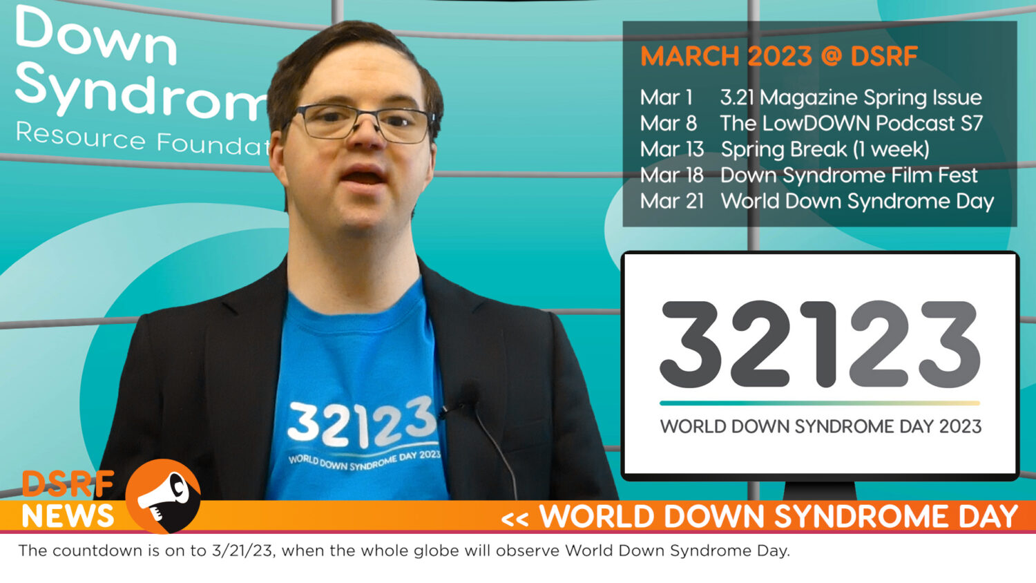 white man with Down syndrome, brown hair and glasses, wearing turquoise t-shirt and black sport coat, delivers news from virtual news studio