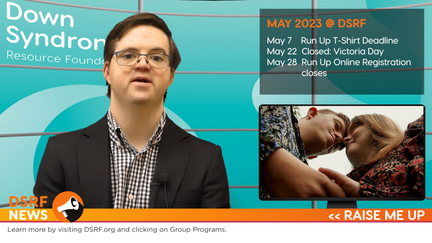 white man with Down syndrome, brown hair and glasses, wearing grey dress shirt, red tie and black sport coat, delivers news from virtual news studio