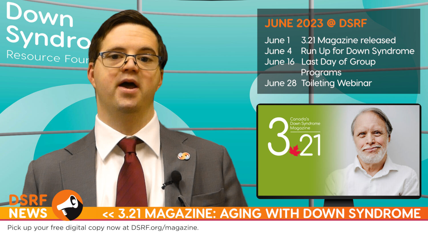 white man with Down syndrome, brown hair and glasses, wearing white dress shirt, red tie and grey sport coat, delivers news from virtual news studio