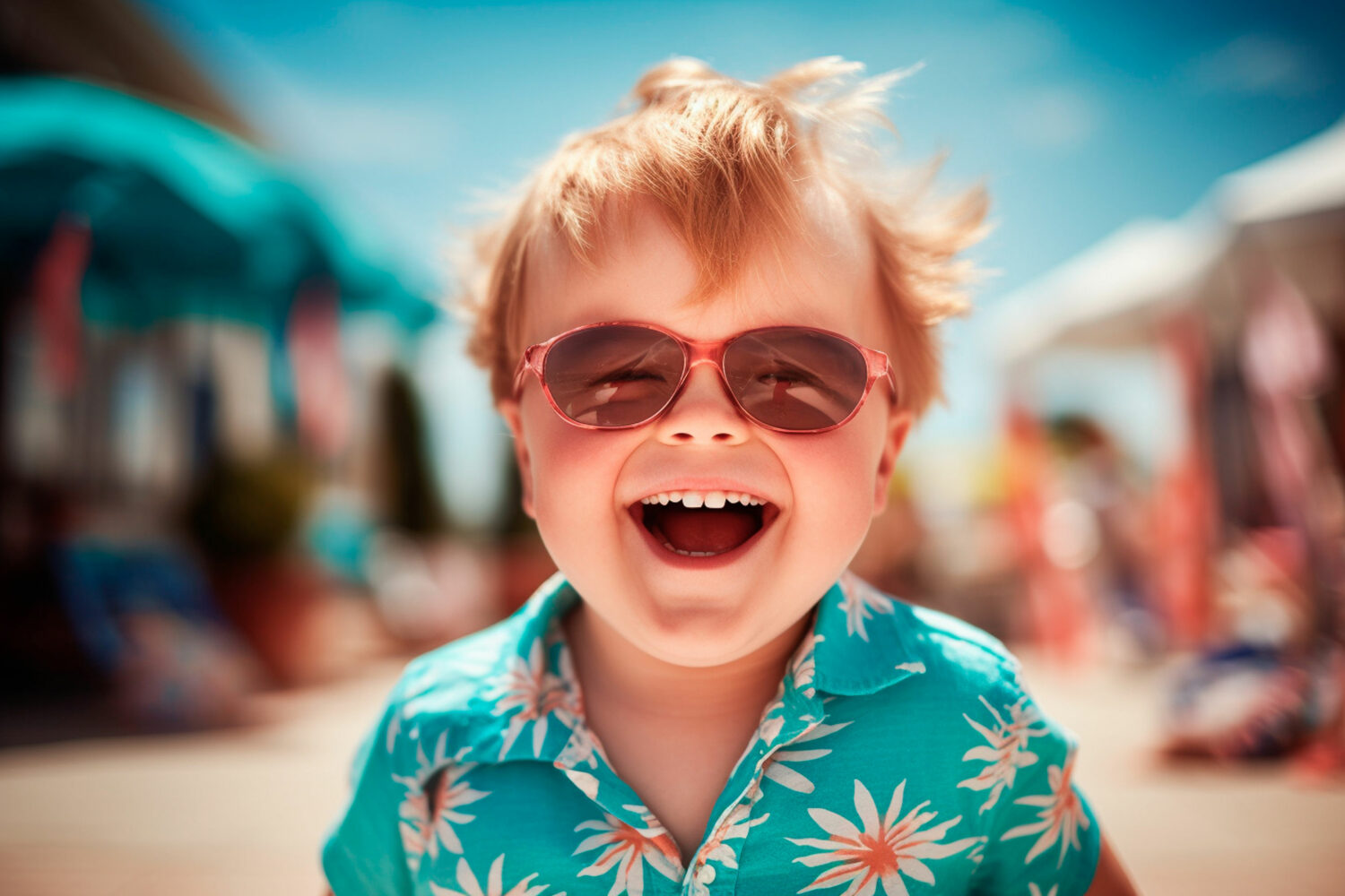 blonde haired boy with Down syndrome wearing turquoise Hawaiian print shirt and red sunglasses grins on a hot sunny day
