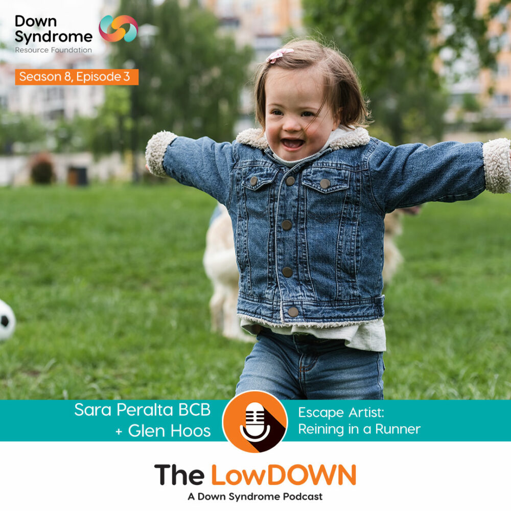 young white, brown-haired girl with Down syndrome wearing a denim coat and pants, running outside with arms outstretched