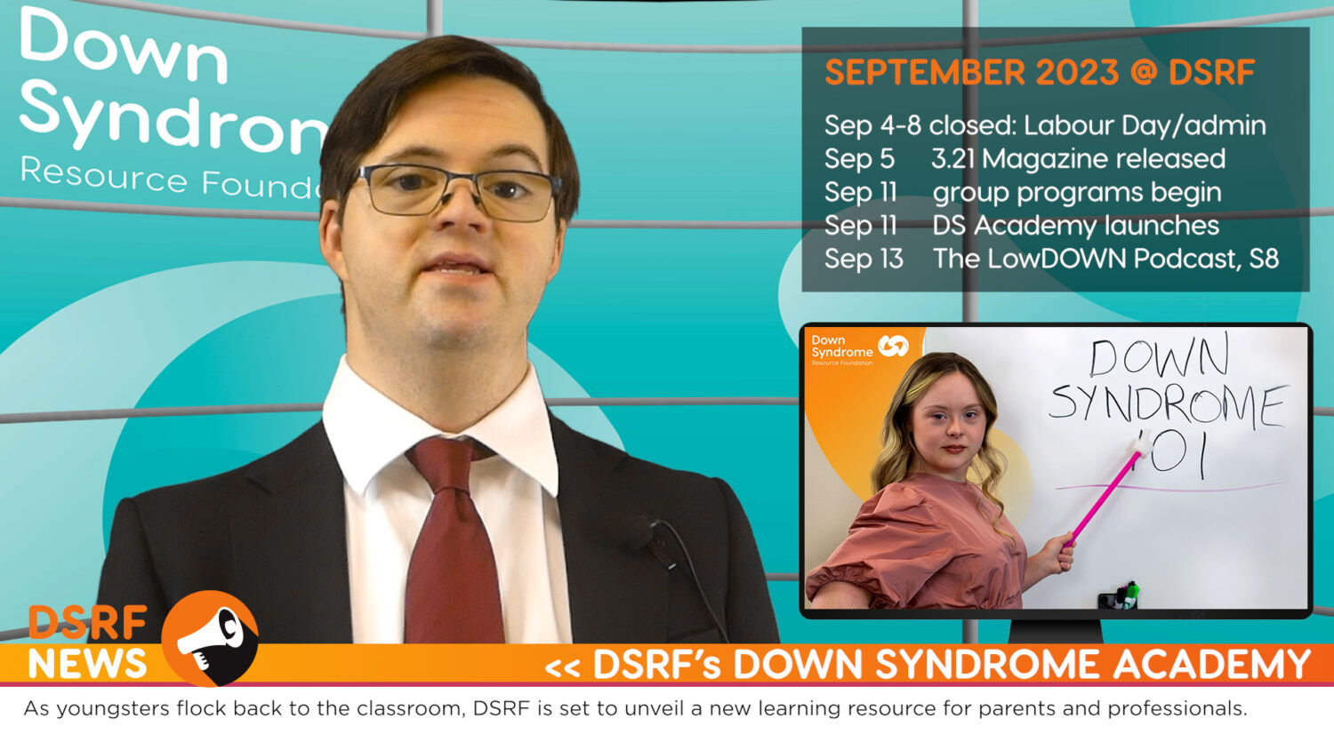 white man with Down syndrome, with brown hair, glasses, black suit jacket and red tie, delivers news at a virtual news desk