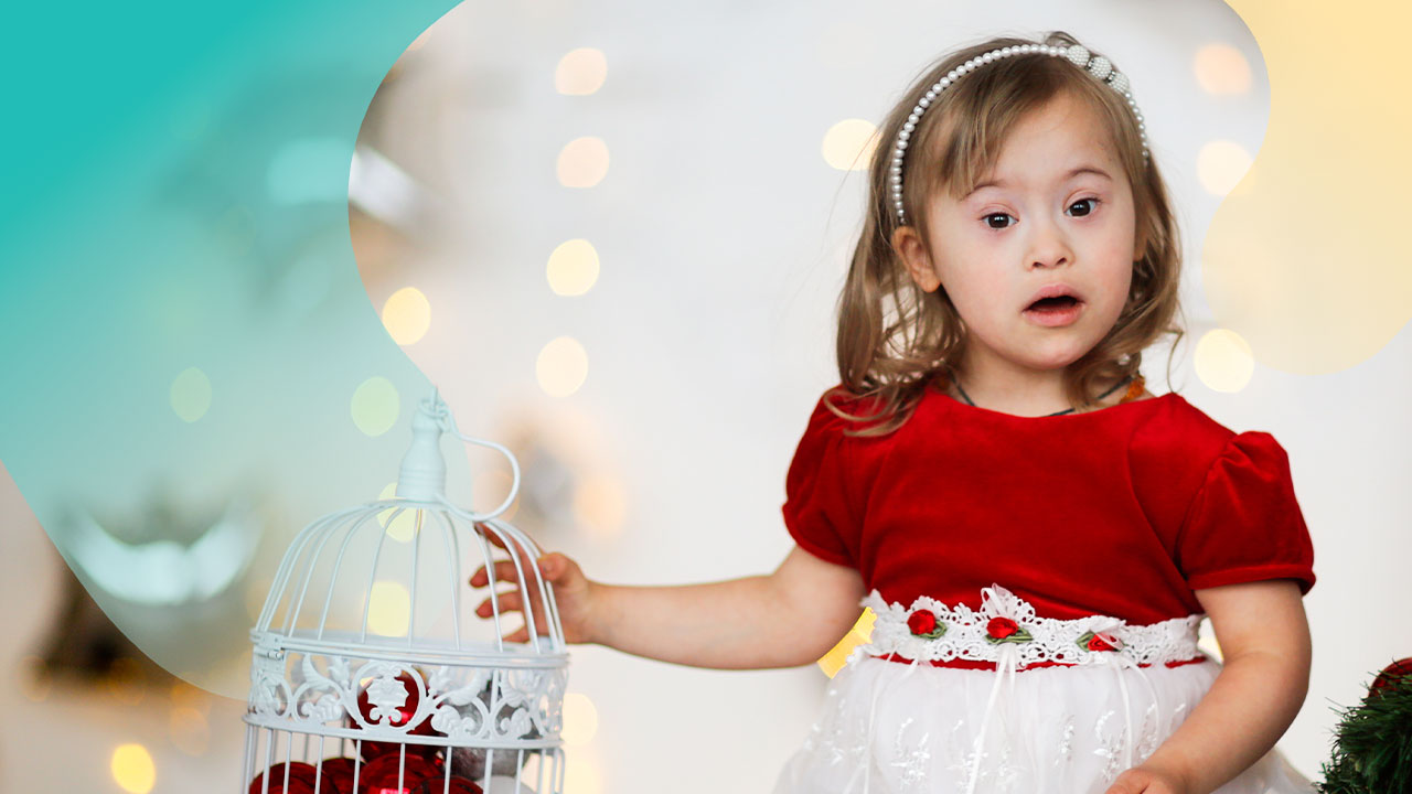 young white girl with Down syndrome, with shoulder length blonde hair, wearing fancy red and white holiday dress