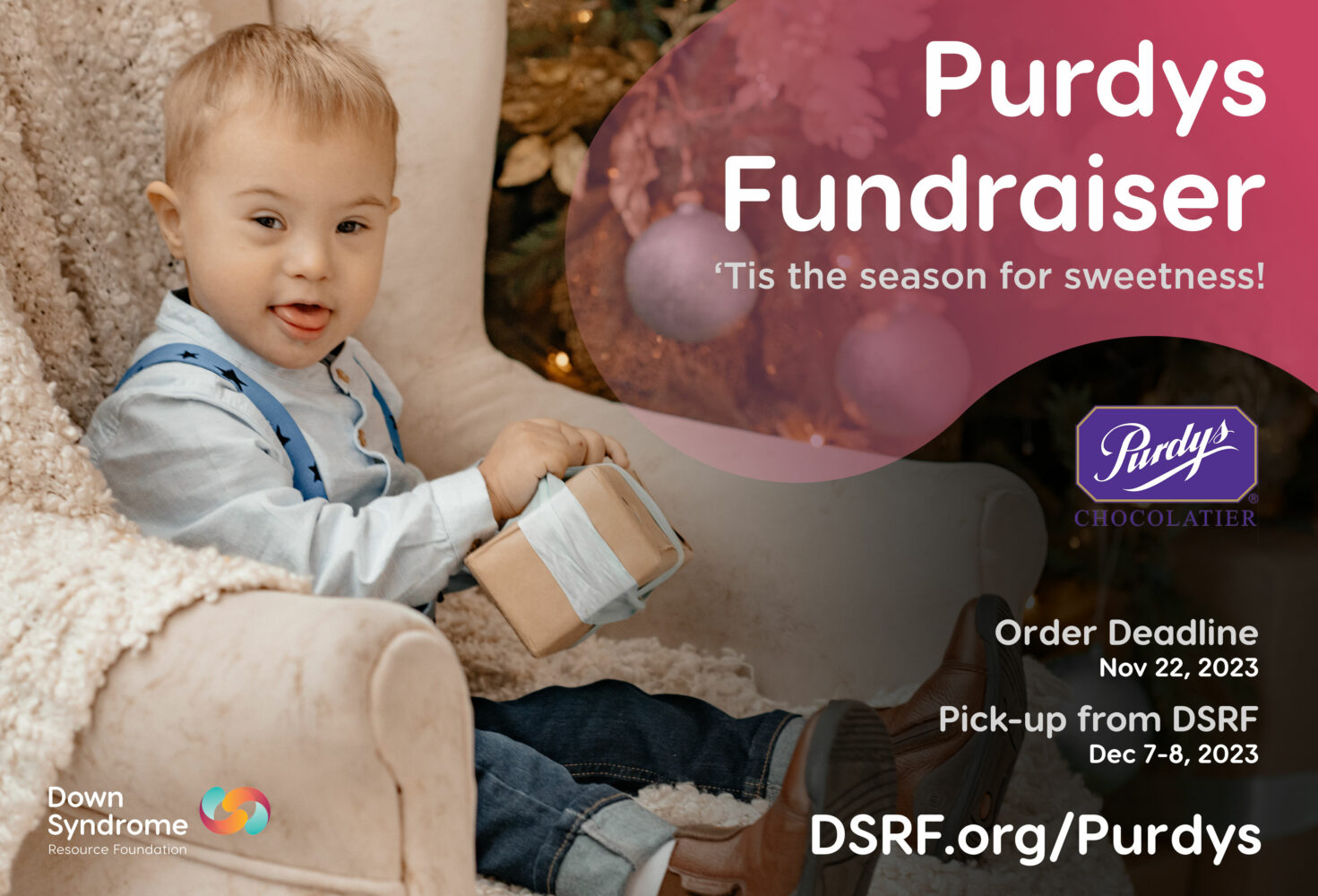 young blonde boy with Down syndrome sits in beige chair and opens a gift during the holiday season