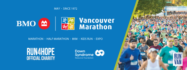 BMO Vancouver Marathon banner, with image of hundreds of people running