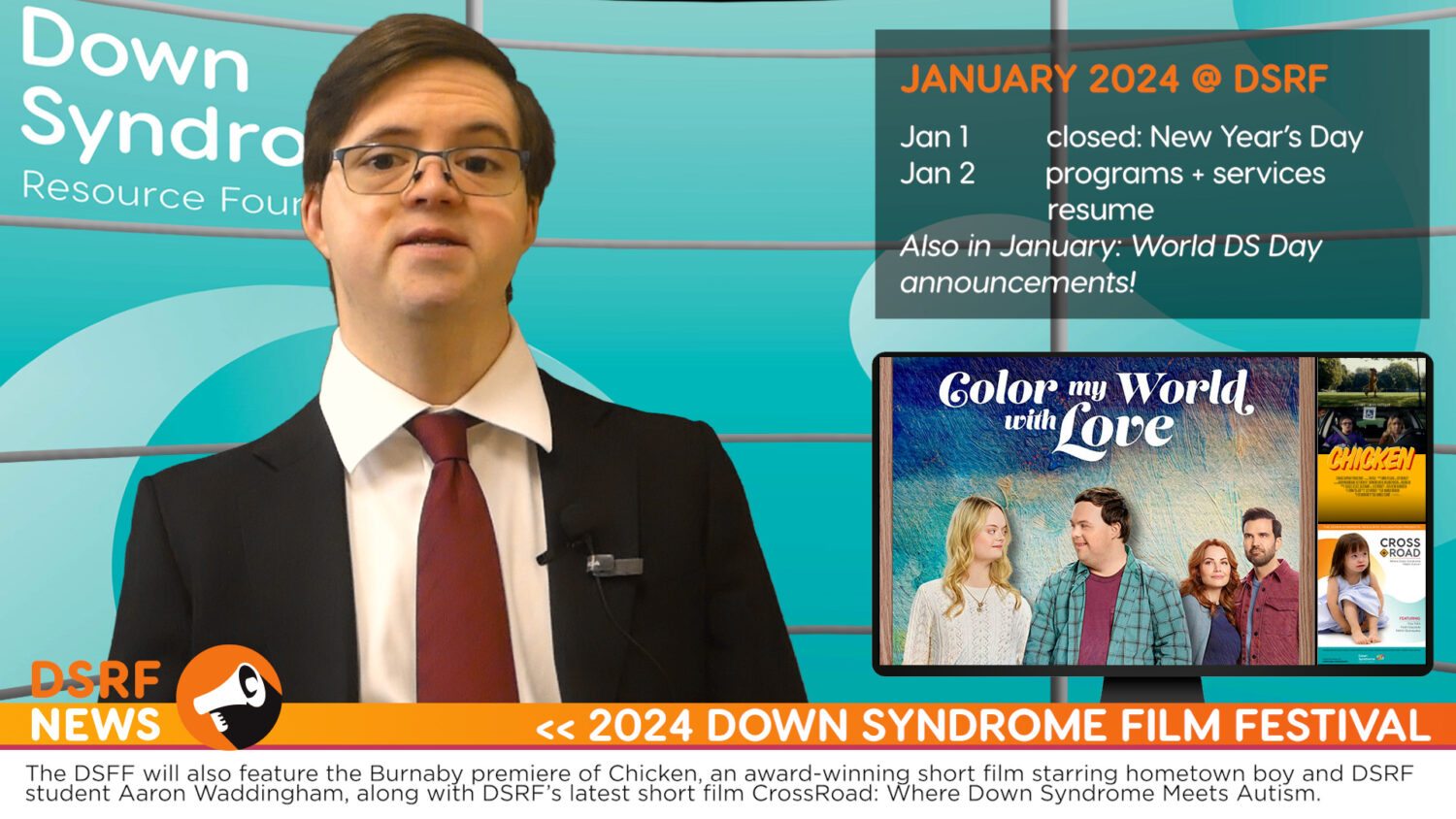 white man with Down syndrome, with brown hair, glasses, red tie, and black suit delivers newscast from virtual news studio