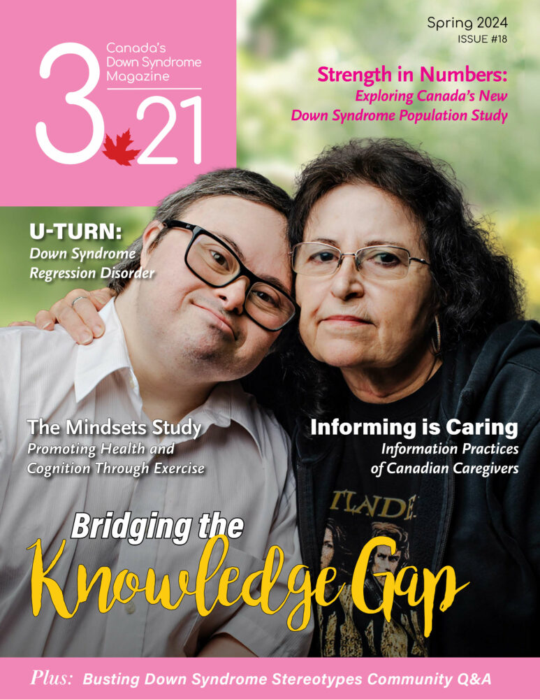 cover of 3.21 Magazine spring 2024 issue titled Bridging the Knowledge Gap. Magazine features white man with Down syndrome leaning on his older mother's shoulder.