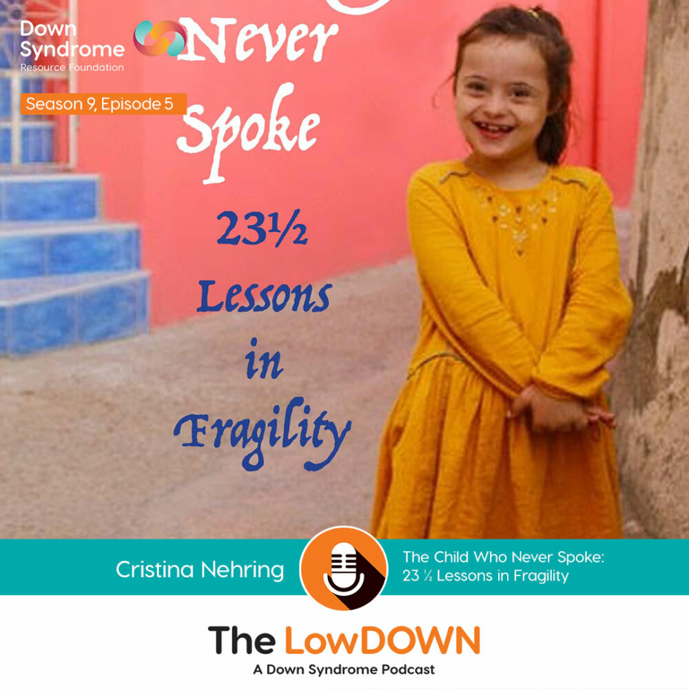 book cover featuring a young white girl with Down syndrome, standing with hands folded, wearing a dark yellow dress