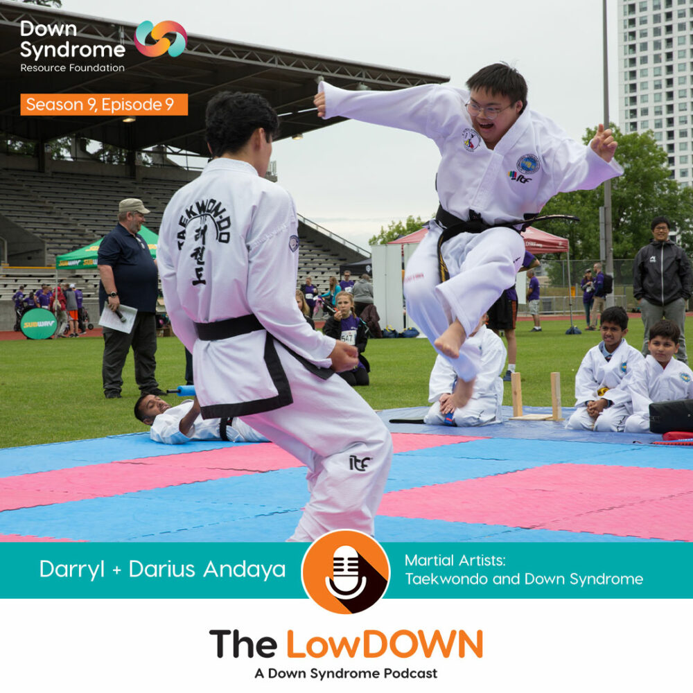 Asian male martial artist with Down syndrome in mid air delivering kick to his taekwondo opponent