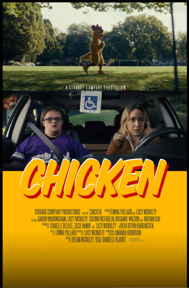 film poster for Chicken, featuring a young man with Down syndrome sitting in a car with his sister