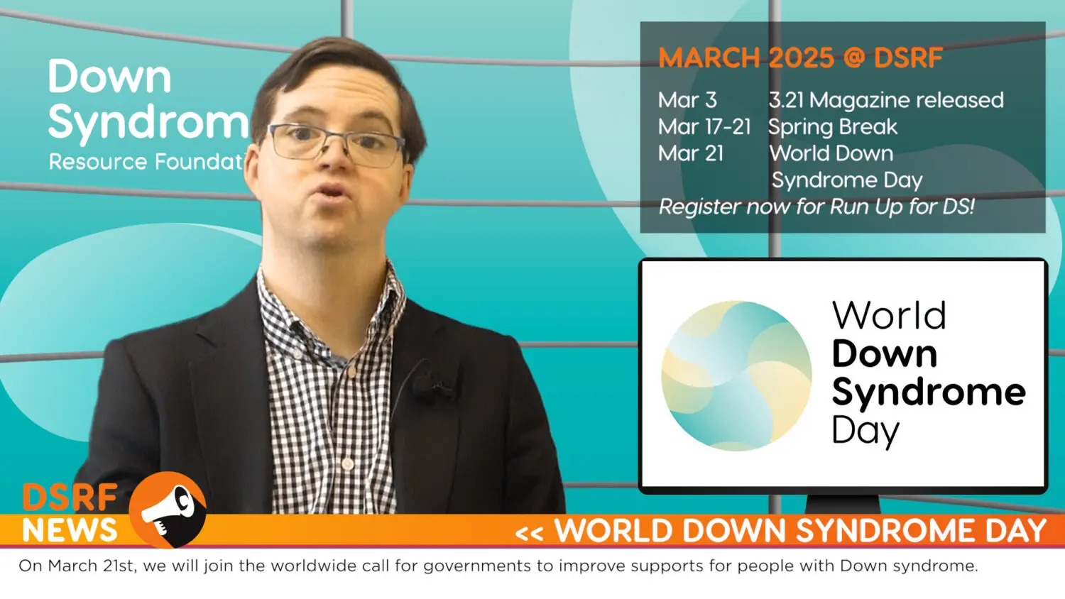 Man with Down syndrome with brown hair and glasses, wearing black suit jacket over black and white checked shirt, delivers news from a virtual news studio