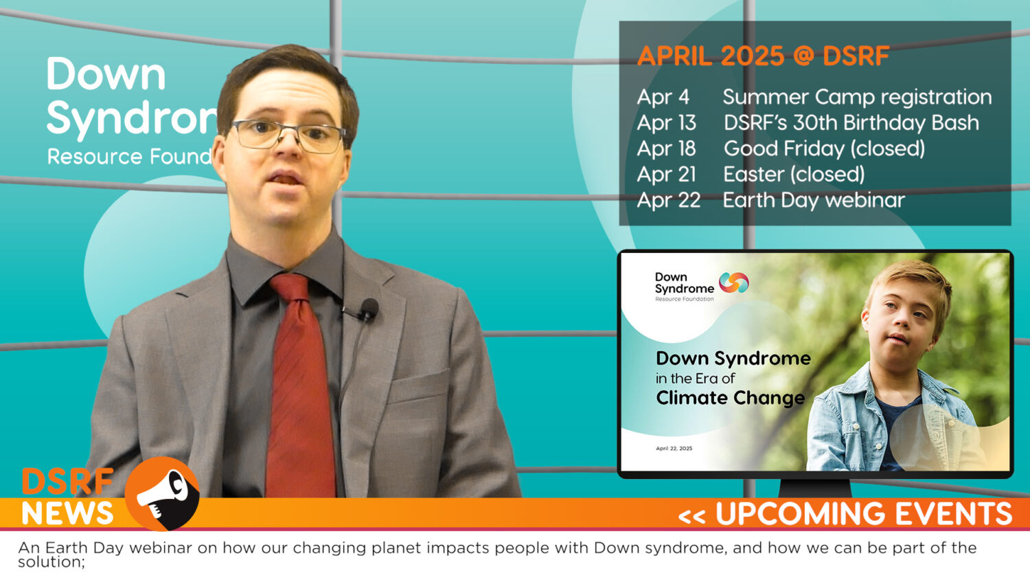 Man with Down syndrome with brown hair and glasses, wearing grey suit jacket over grey dress shirt and red tie, delivers news from a virtual news studio