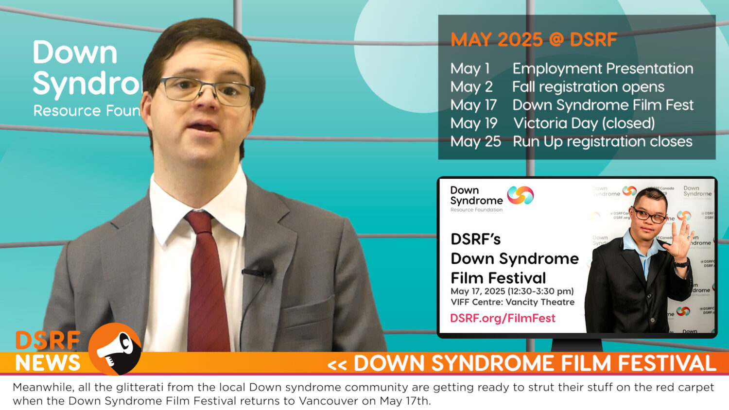 Man with Down syndrome with brown hair and glasses, wearing grey suit jacket over white dress shirt and red tie, delivers news from a virtual news studio