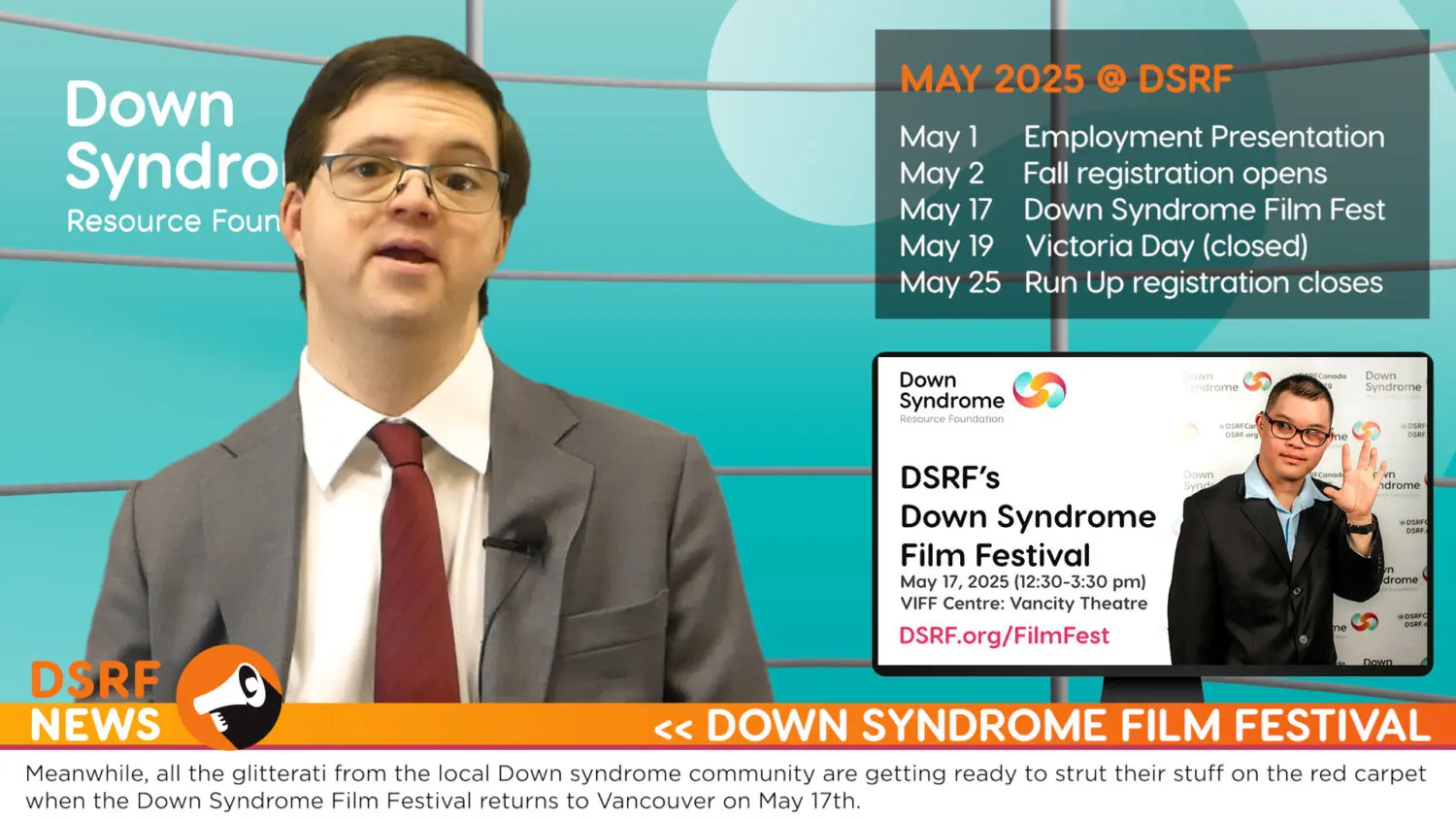 Man with Down syndrome with brown hair and glasses, wearing grey suit jacket over white dress shirt and red tie, delivers news from a virtual news studio